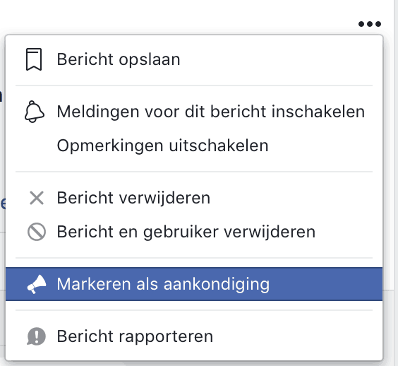 markeren als aankondiging in Facebookgroep