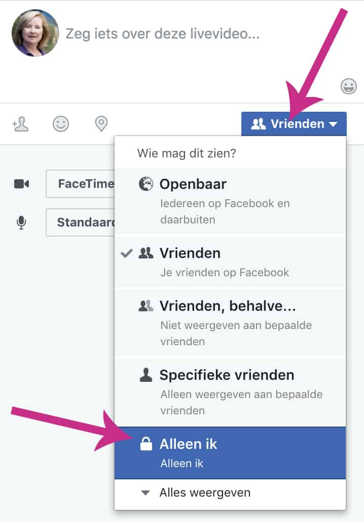 Facebook live oefenen op je profiel