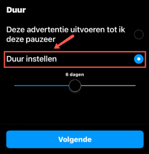 Duur instellen Instagram advertentie