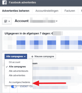 Facebook advertentie accountgeschiedenis