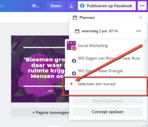 Social media post inplannen knop kanaal kiezen