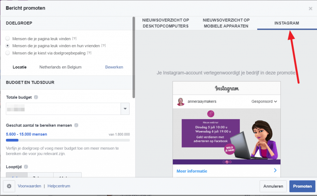 Facebookbericht promoten op Instgram